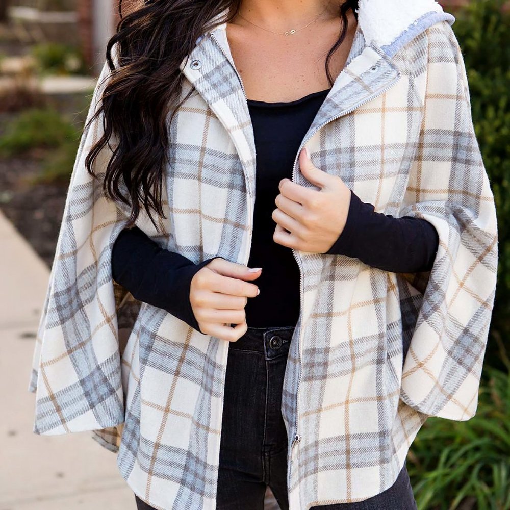 Hem & Thread Almond Plaid Hooded Poncho